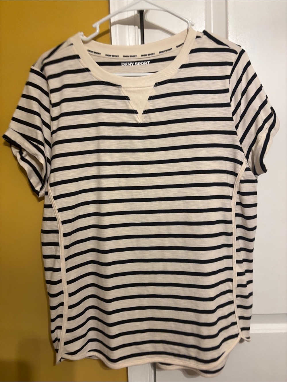 DKNY Black and Cream Striped Short Sleeve Tee